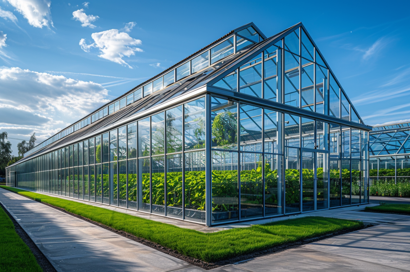 A high-tech commercial greenhouse with automated irrigation and climate control systems