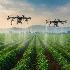 Agriculture drones performing precision spraying over crop fields