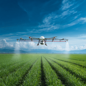 Agriculture drone spraying crops in a large green farm