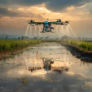 Agriculture drone spraying rice fields with precision