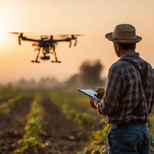 Farmer operating agriculture drone with tablet in open field