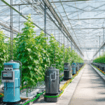 High-tech smart fertigation system inside a modern greenhouse delivering automated irrigation and nutrients to crops.