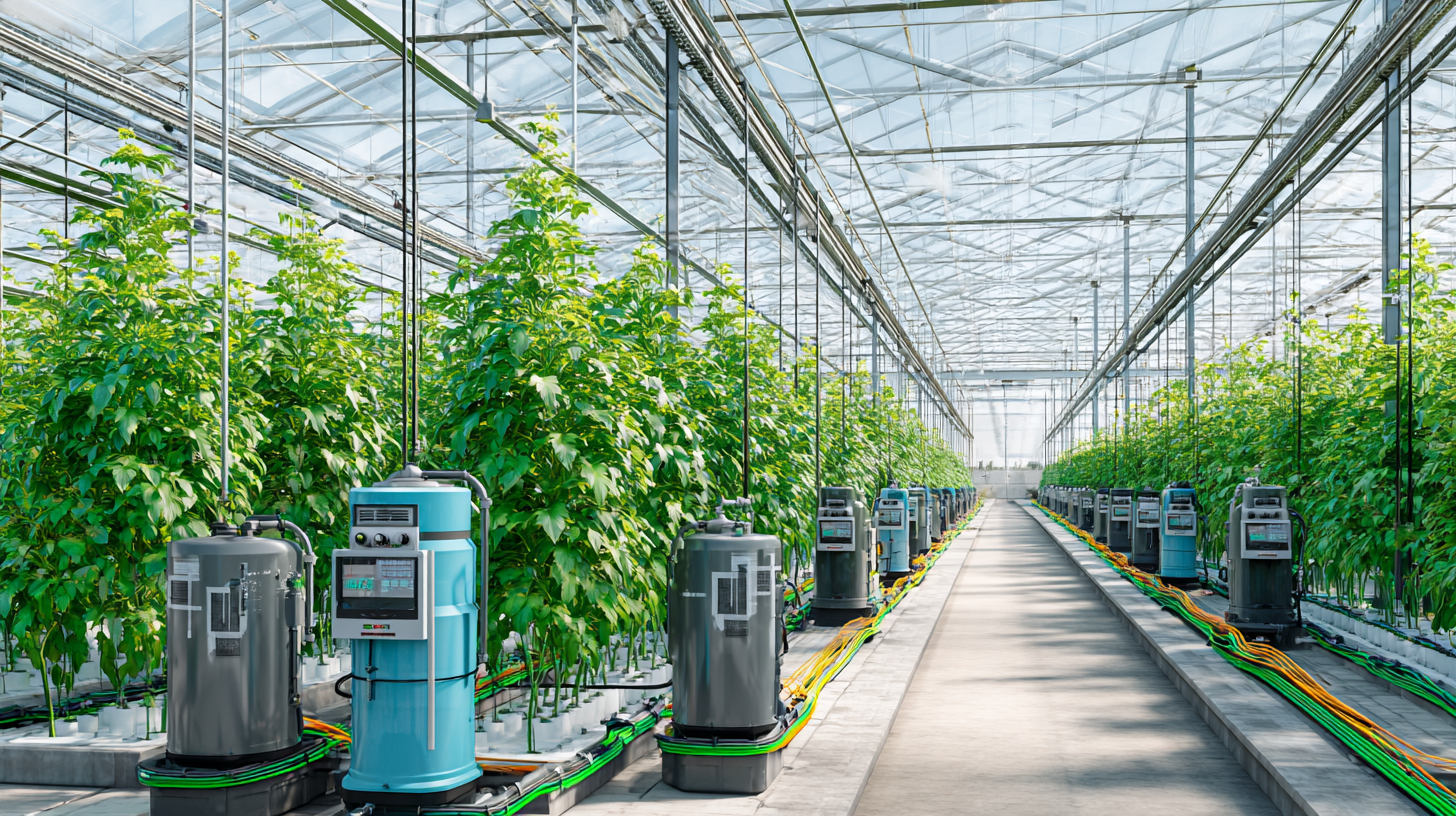 High-tech smart fertigation system inside a modern greenhouse delivering automated irrigation and nutrients to crops.