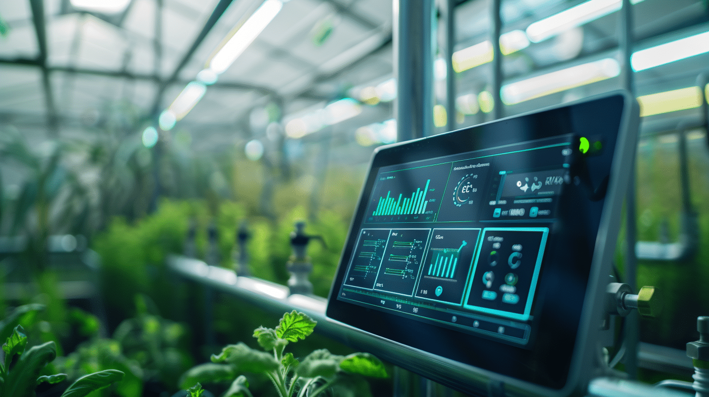 Smart fertigation system control panel in a modern greenhouse, displaying real-time water and nutrient sensor data on a user-friendly touchscreen, with visible pipes and tanks in the background. Haishun Agritech solutions optimize irrigation systems for efficiency.