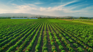 Aerial view of a large tomato farm equipped with Haishun’s smart fertigation and irrigation grid, solar-powered precision agriculture system, and runoff management on slightly sloped terrain.