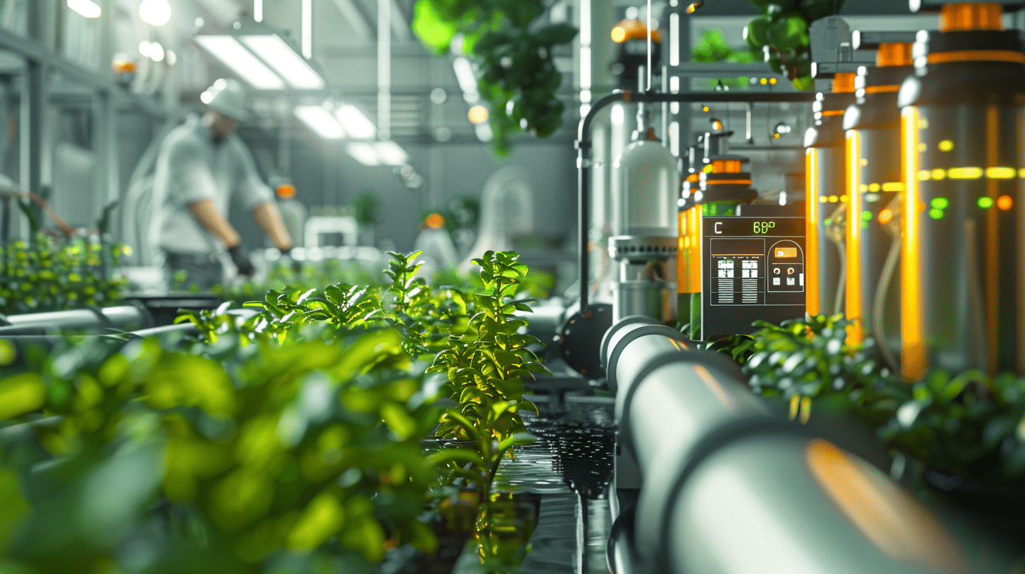 Smart fertigation system installation by Haishun: technician commissioning dosing pumps, EC/pH sensors and irrigation manifold