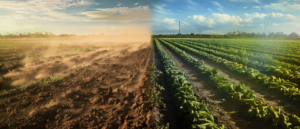 Side-by-side comparison of traditional farming versus smart fertigation system showing dry fields on the left and lush green crops on the right.