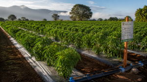 drip tape for peppers installed in commercial pepper farm row crop irrigation