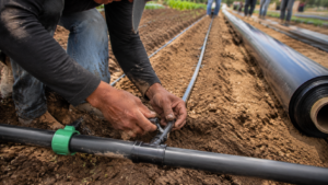 drip tape for peppers installation under plastic mulch raised bed