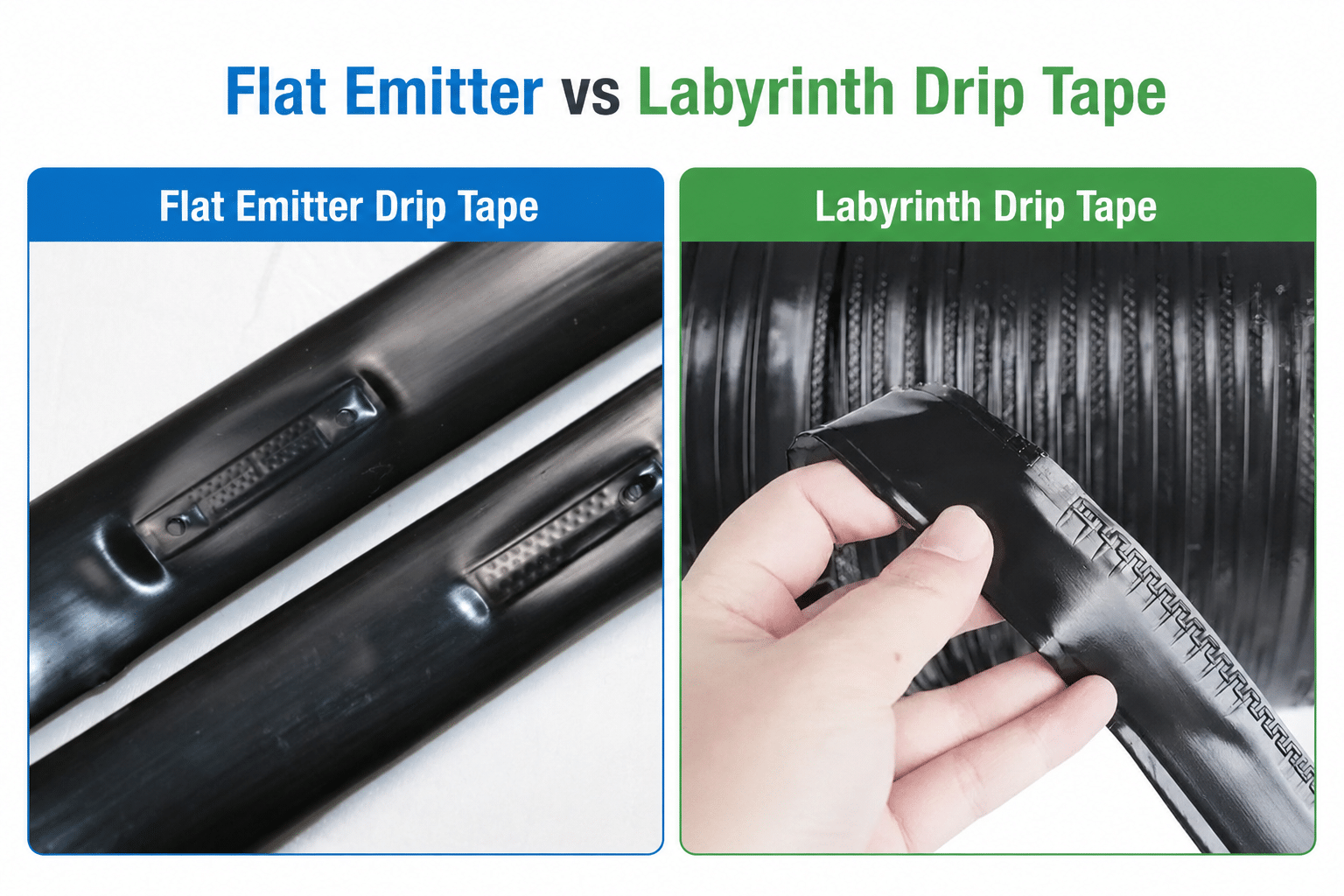 flat emitter vs labyrinth drip tape cross-section comparison agricultural irrigation