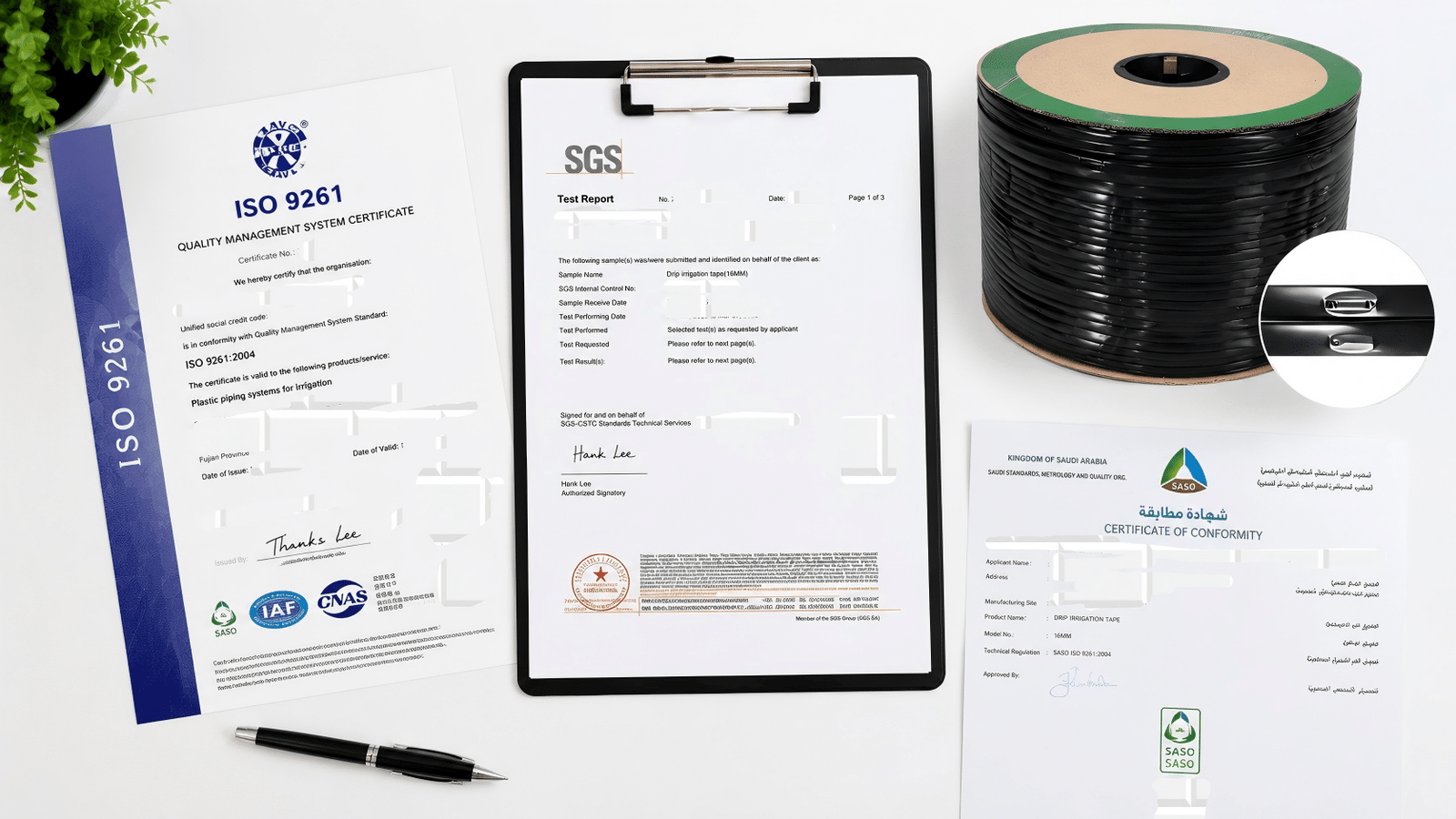 drip irrigation tape certifications ISO 9261 SASO ASTM documents supplier verification