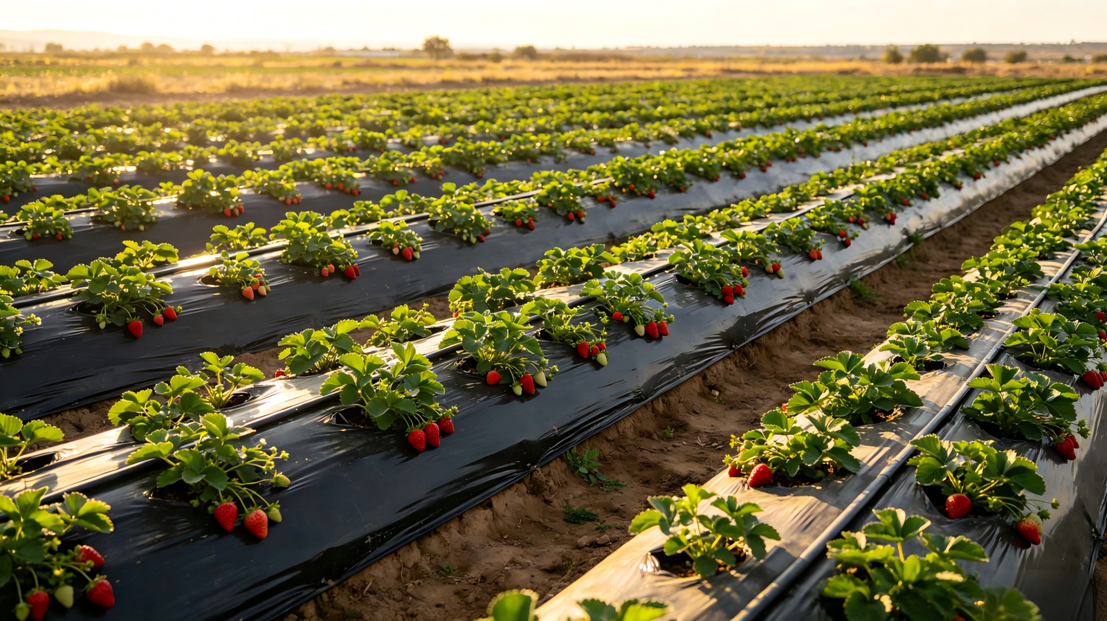 drip tape for strawberries installed on raised beds commercial farm Latin America
